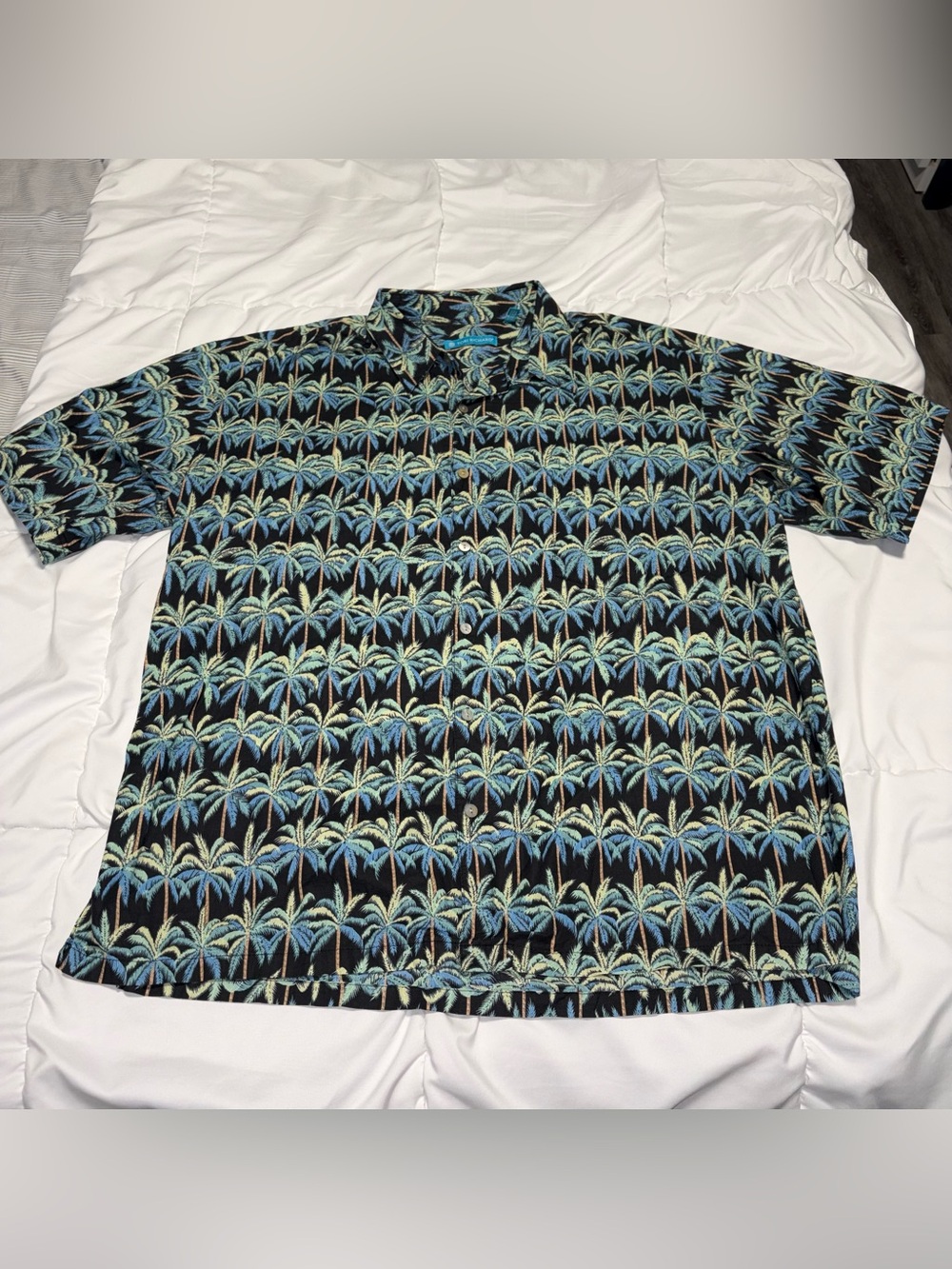 Tori Richard Blue Green Palm Tropical Print Hawaiian Shirt size XL Cotton Lawn